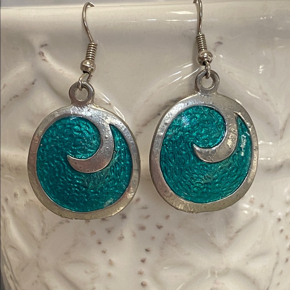 Teal & Silver Swirl Wave Earrings Bohemian Summer